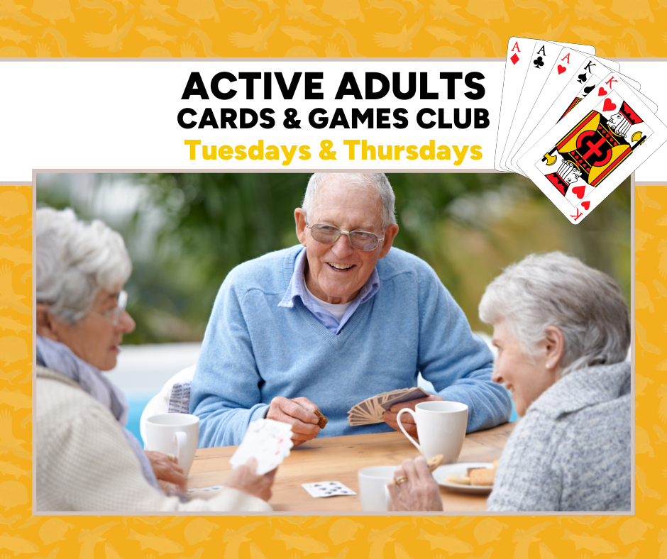 Three senior citizens enjoying card games and coffee.