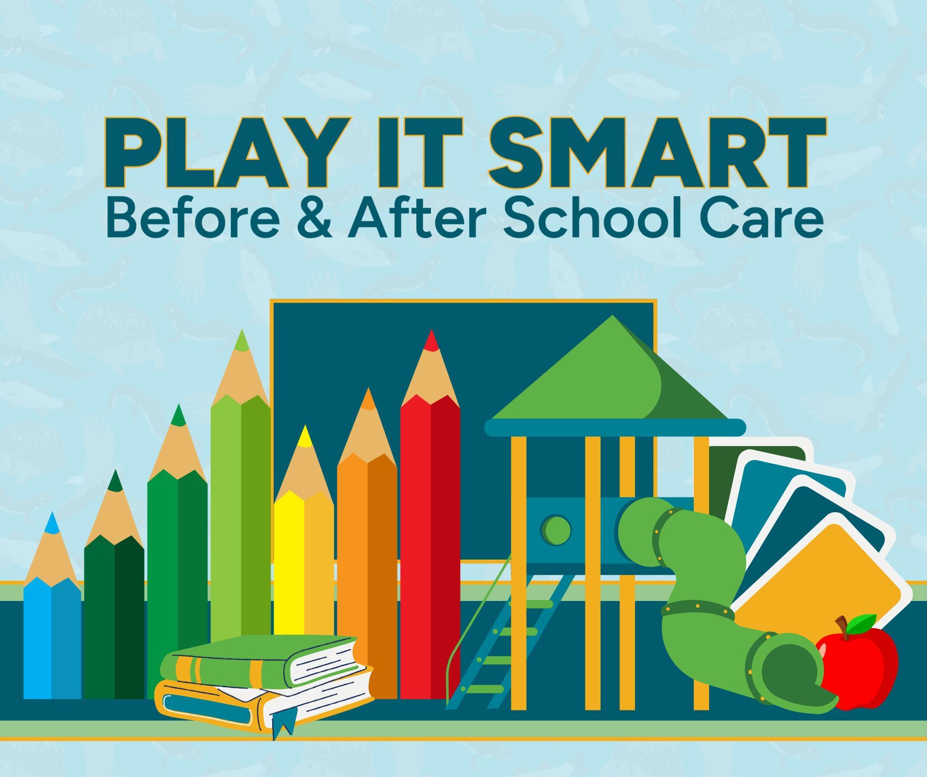 Graphic with colored pencils, playground, playing cards, and a book