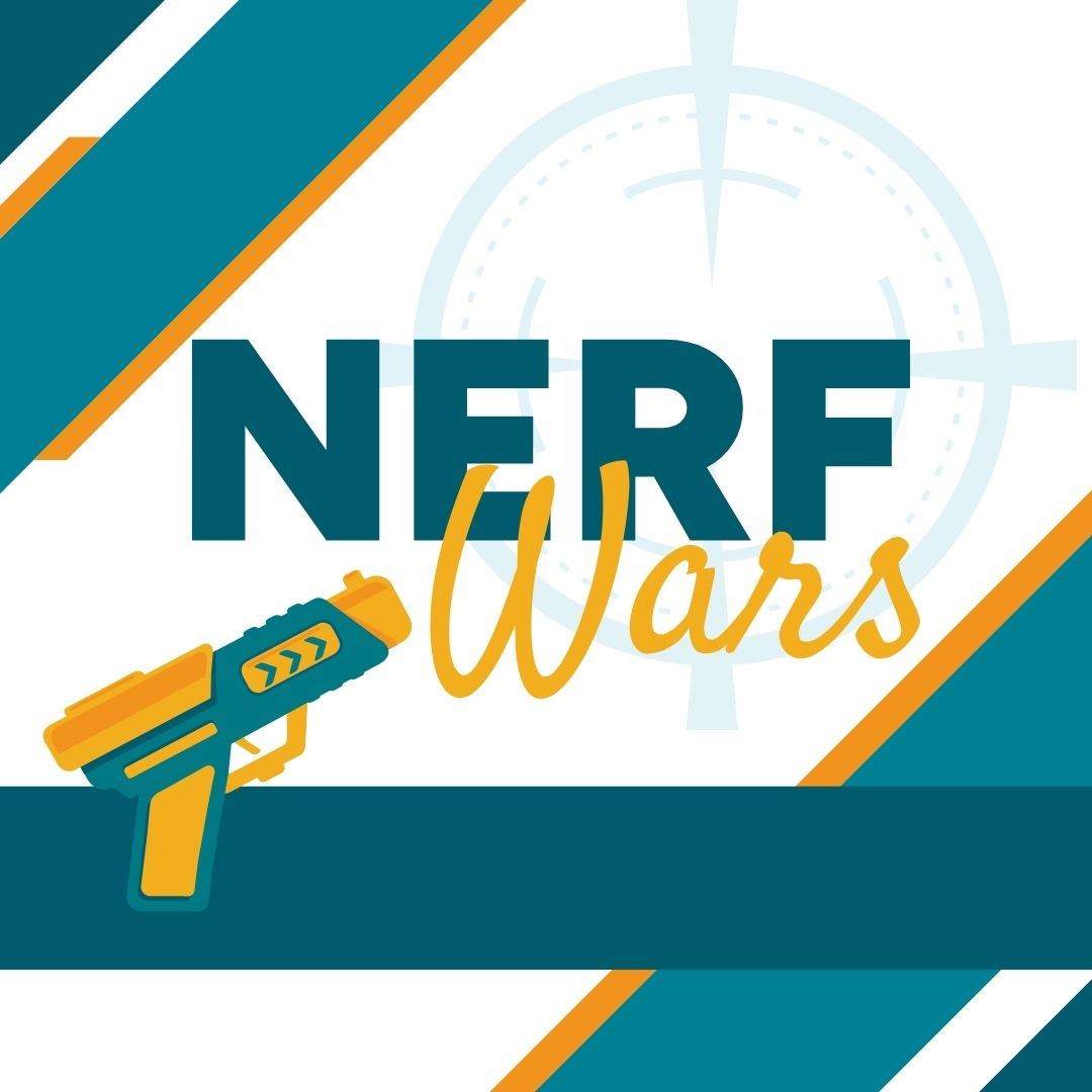 A graphic of a nerf blaster and a target with diagonal lines it the back.