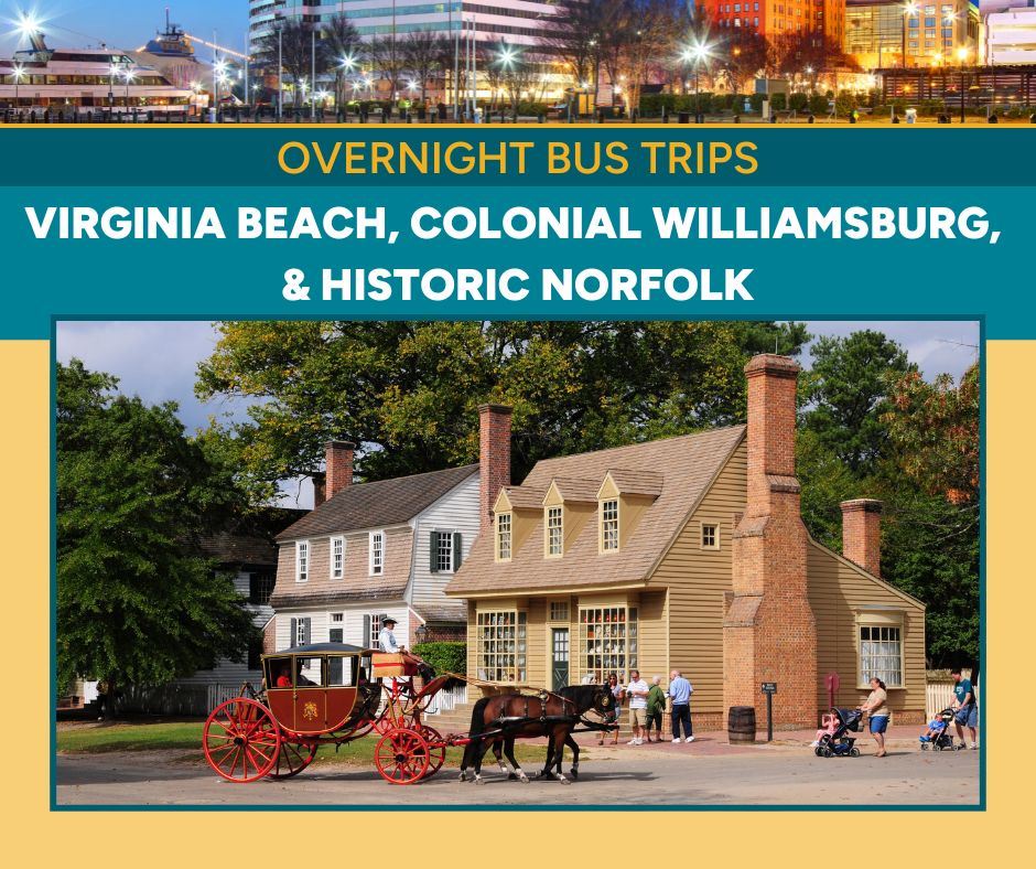 Photo of carriage in Colonial Williamsburg with a photo of the Norfolk skyline above